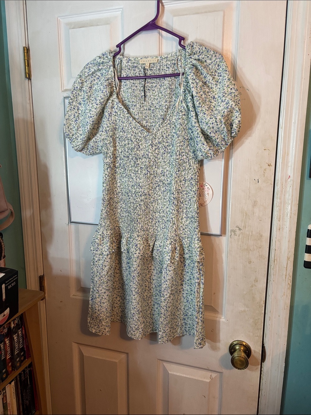 Promesa Light Blue & White Floral Puff Sleeve Mini Dress Size Large